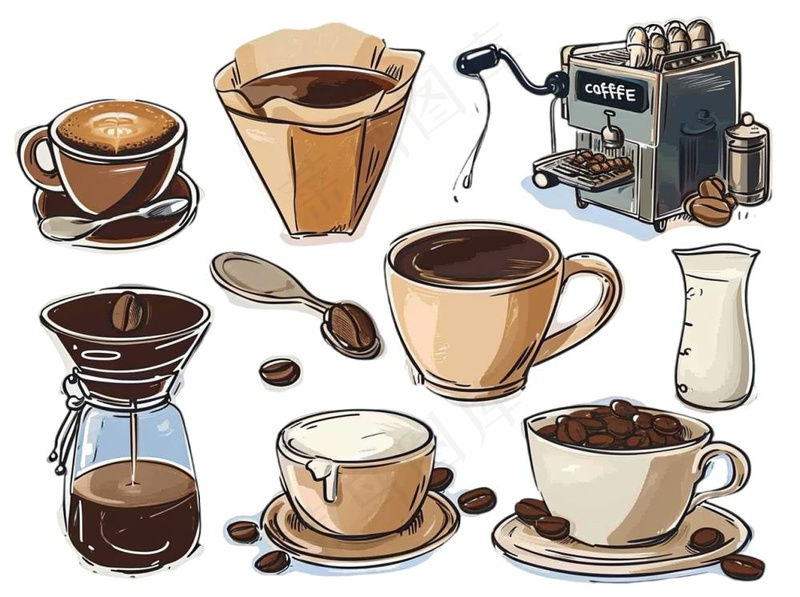 咖啡元素手绘卡通插画素材免抠