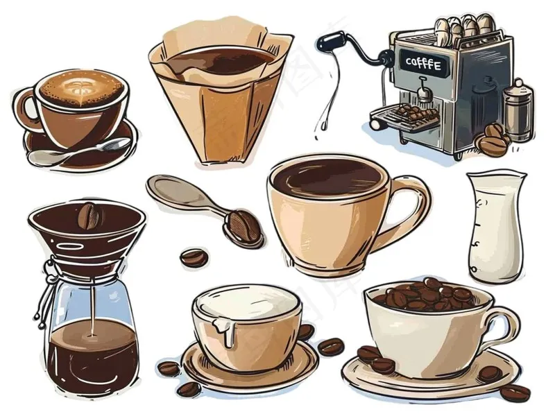 咖啡元素手绘卡通插画素材免抠(1264x944)