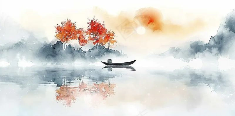 水墨山水画小船河面山川连绵国画插画背景(4368x2160)