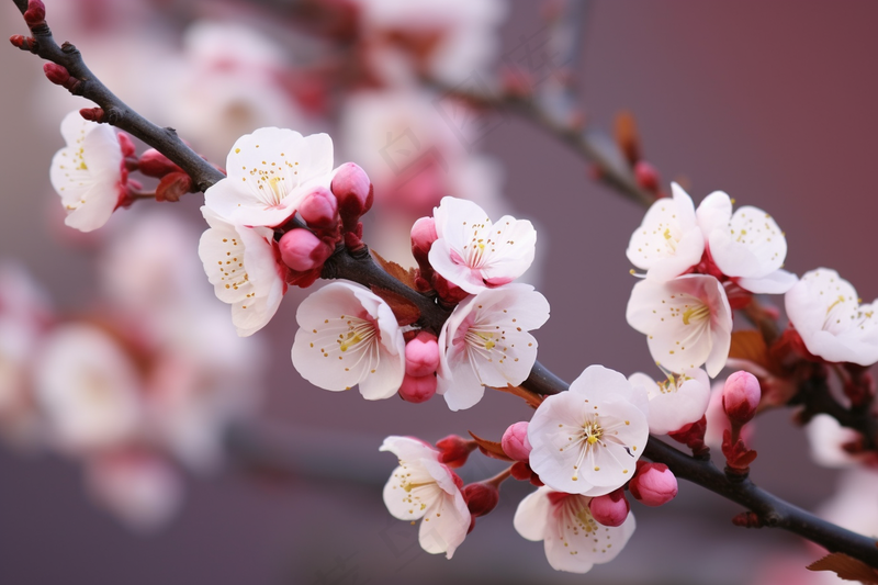 粉梅花春天桃花樱花树枝抽新芽摄影图