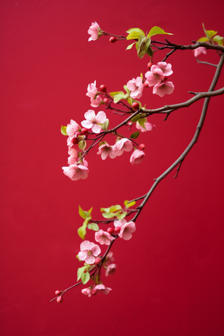 海棠花树枝红色背景宫墙摄影图