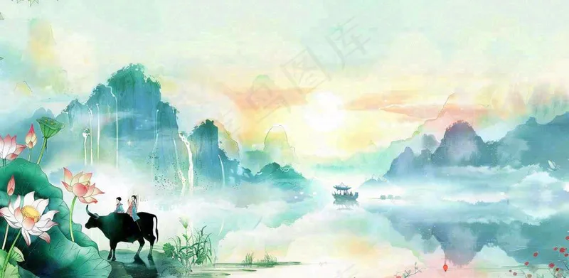 清明节中国风水墨清明廉洁清正廉明山水画背景(1568x768)