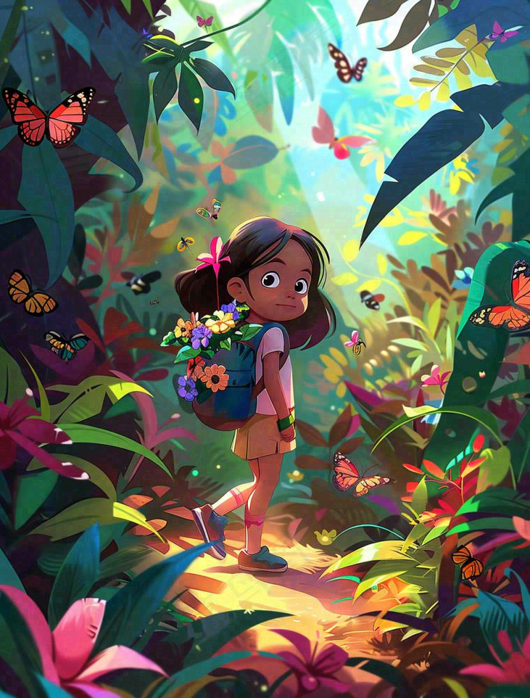 夏天户外森林丛林冒险的青少年背包旅行探险卡通插画背景(960x1264)