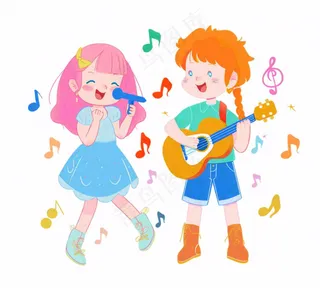 音乐会歌唱比赛儿童学生伴奏弹吉他潮流人物卡通插画免抠