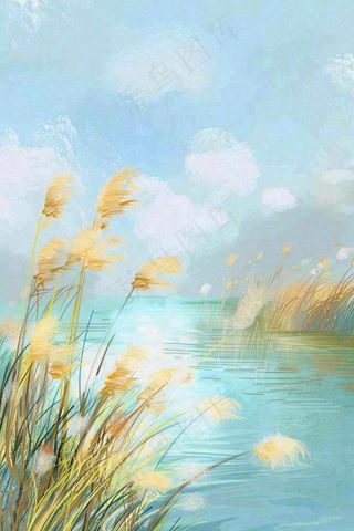 水彩芦苇荡山水画古风中国风白露插画寒露处暑背景