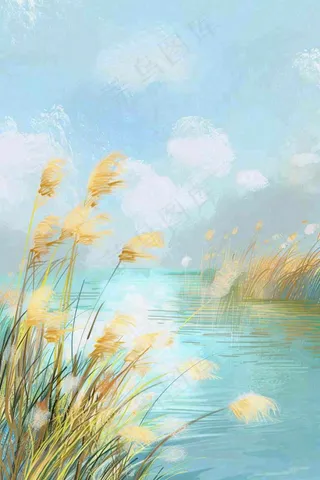 水彩芦苇荡山水画古风中国风白露插画寒露处暑背景