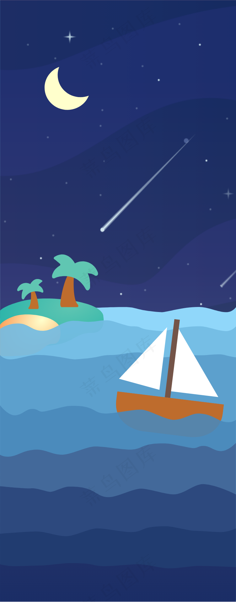 扁平风月夜帆船风景背景插画