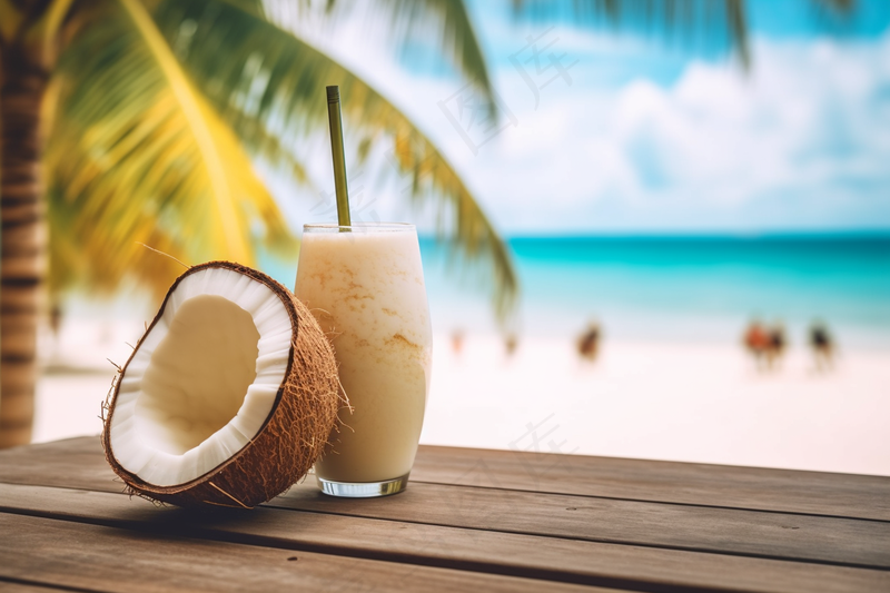 夏日沙滩椰子奶茶海边悠闲度假摄影图 