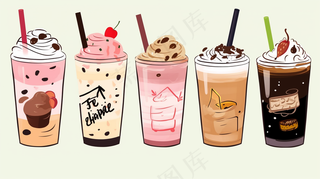 夏日奶茶果茶饮料冰饮卡通插画背景