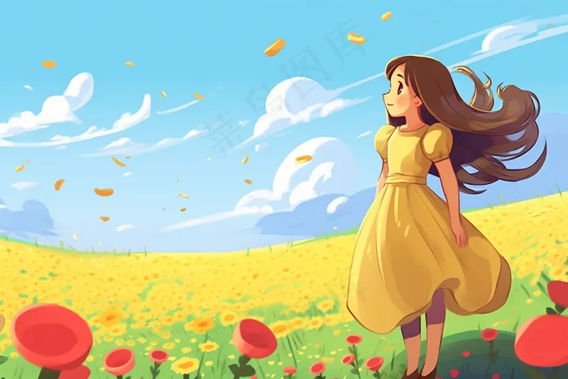 黄裙子女孩花丛中花瓣飞舞风景卡通插画背景(4032x2688)