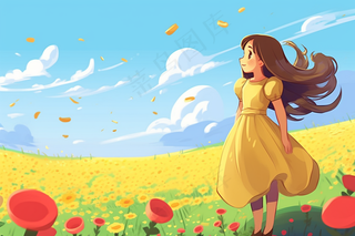 黄裙子女孩花丛中花瓣飞舞风景卡通插画背景