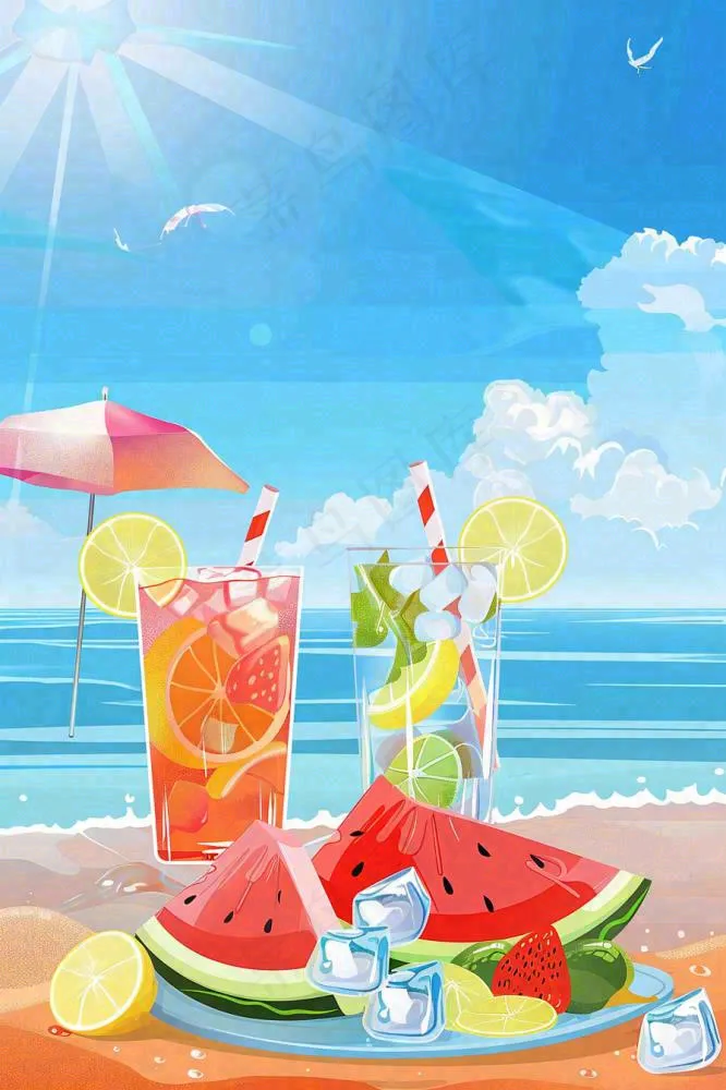 炎热夏日冰镇饮料饮品西瓜汁海边沙滩蓝天白云立夏夏至大暑小暑处暑卡通插画背景(896x1344)