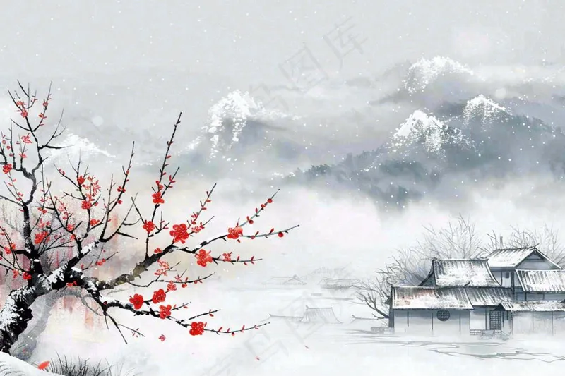 冬天山林里的小村庄红梅花白雪覆盖国风水墨画立冬冬至小雪大雪插画(1344x896)