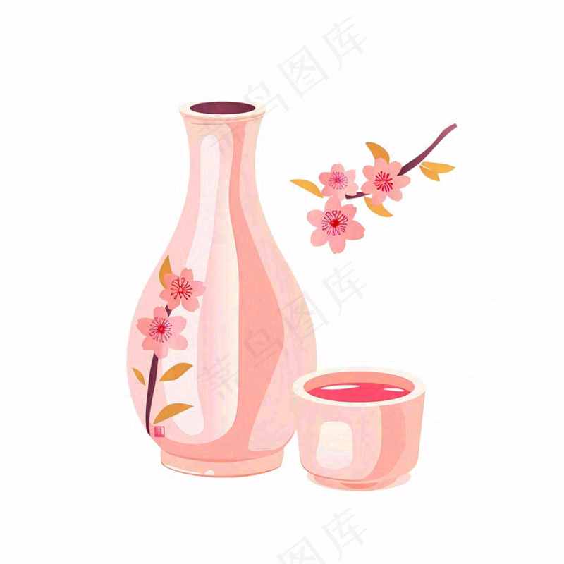粉色樱花烧酒瓶酒杯水彩插画免抠(1024x1024)