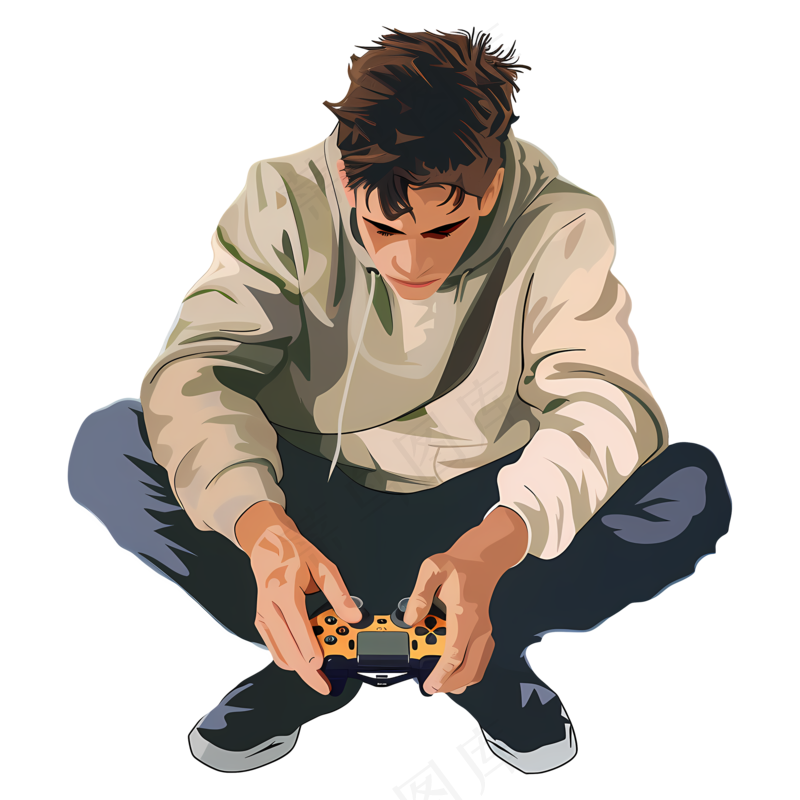 免抠玩游戏的手绘男孩