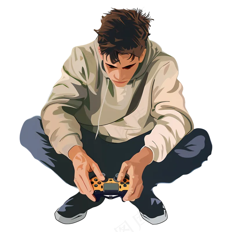 免抠玩游戏的手绘男孩