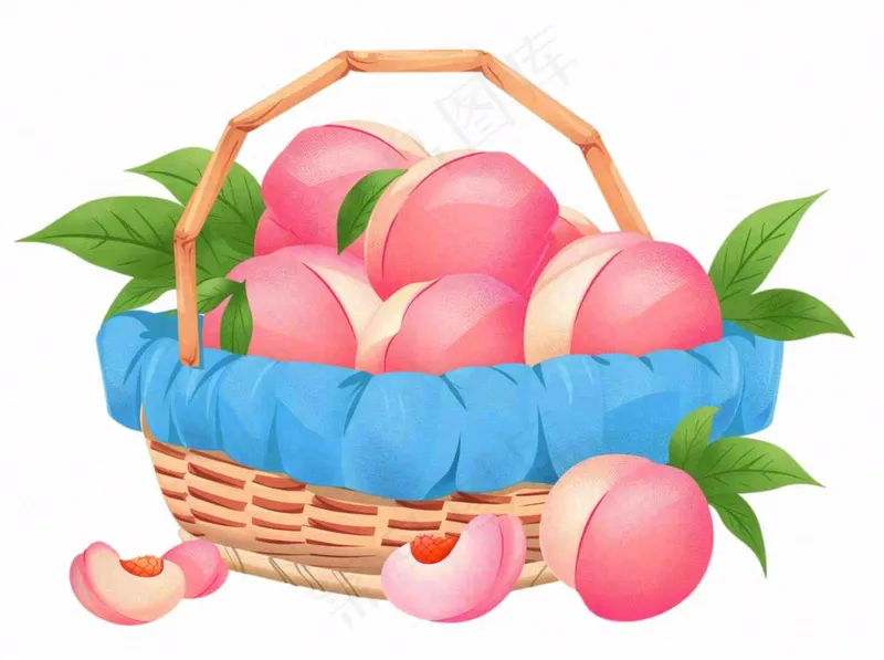 水蜜桃一篮桃子主编蓝水果卡通插画免抠(1264x944)