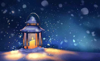 冬天夜晚雪地里的灯笼灯盏雪花温暖寒露立冬大雪插画背景