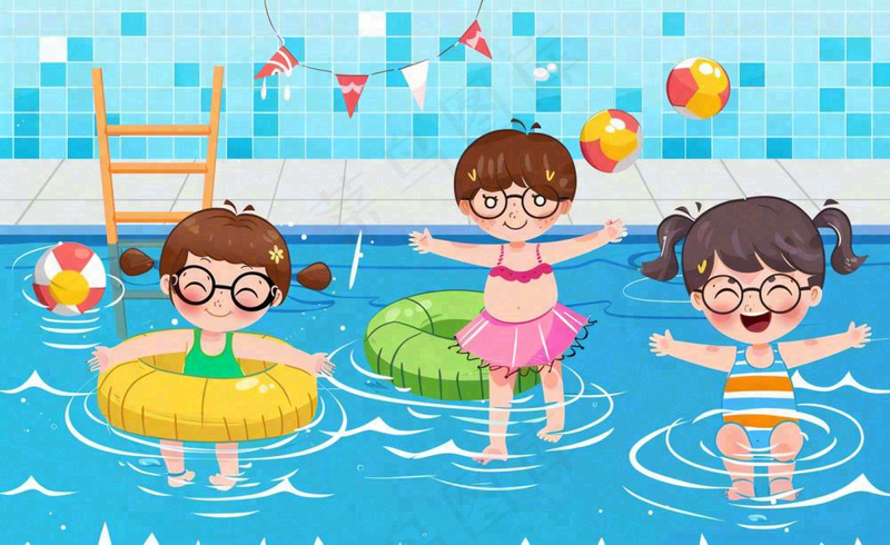 蓝色儿童夏天游泳池插画卡通夏日立夏夏至大暑小暑游泳插画背景(1408x864)