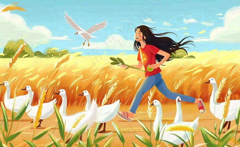 秋天丰收农田女孩赶鸭鹅农活农忙欢乐金色麦田秋分立秋芒种卡通插画背景