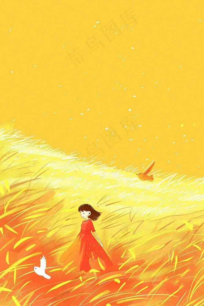 秋天金黄背景花丛红裙子少女白鹭立秋秋分白露插画背景(896x1344)
