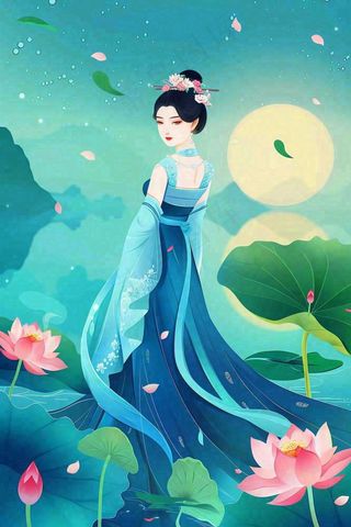 夏天古风国风古装少女荷花莲花池塘夜晚赏月夏至处暑中秋插画背景