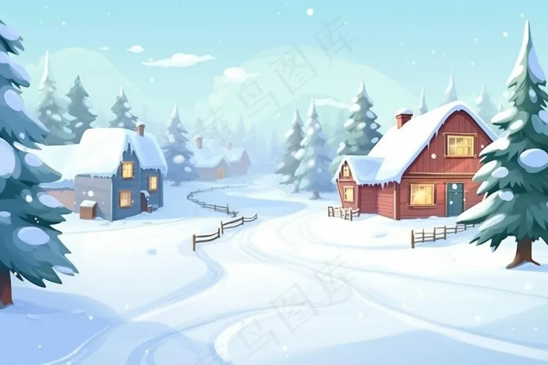 冬天卡通雪景小屋背景(1344x896)