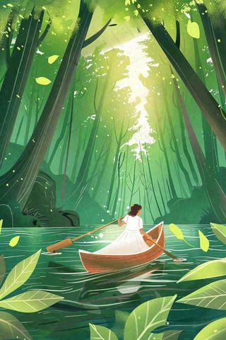 绿色森林少女划船春光波光闪烁春分插画卡通手绘处暑