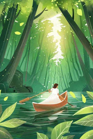 绿色森林少女划船春光波光闪烁春分插画卡通手绘处暑