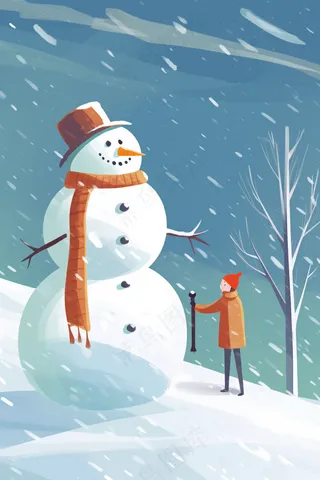 冬季雪天巨大雪人人物卡通插画背景