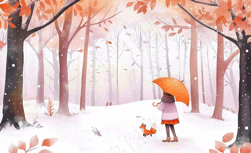 秋冬森林打伞的女孩狐狸动物相遇立冬小雪大雪冬至卡通插画背景