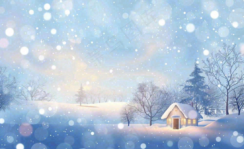 冬天雪景森林小屋夜晚灯光温暖白雪皑皑小雪大雪冬至立冬卡通插画背景