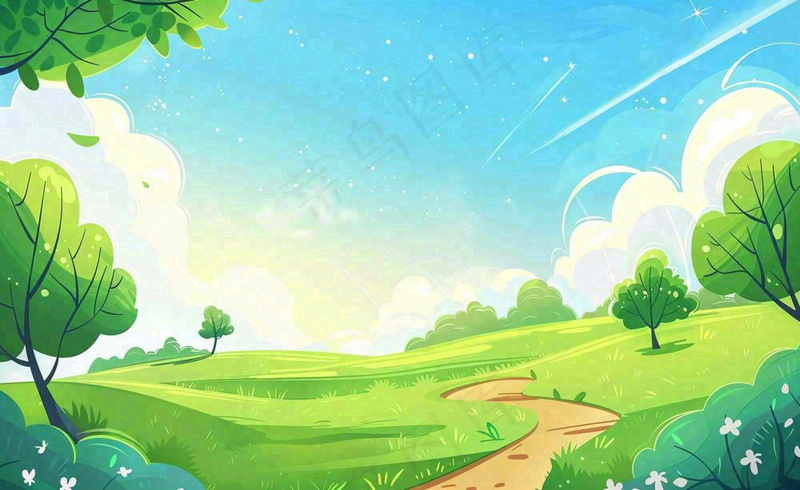 春日风景草地蓝天白云背景立春春分节气绿色卡通插画背景(1408x864)