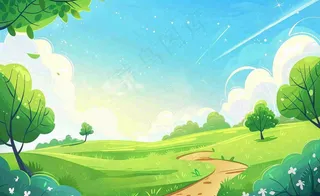 春日风景草地蓝天白云背景立春春分节气绿色卡通插画背景