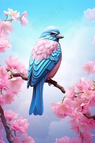 桃花樱花树枝上的蓝色小鸟插画背景
