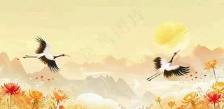 国潮风重阳菊花仙鹤山水场景插画中秋背景