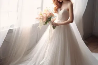 拿手捧花的新娘白色婚纱摄影图