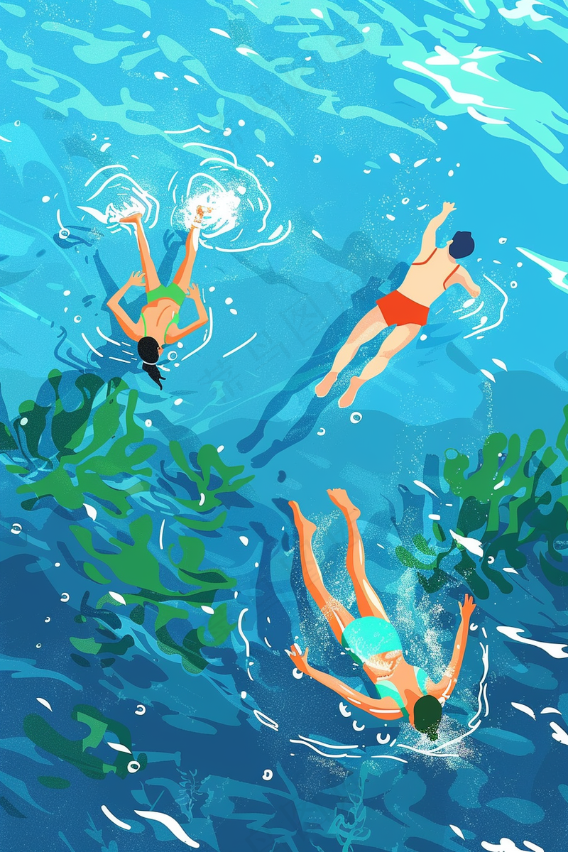 海边水里玩耍的人卡通插画背景(2688x4032)