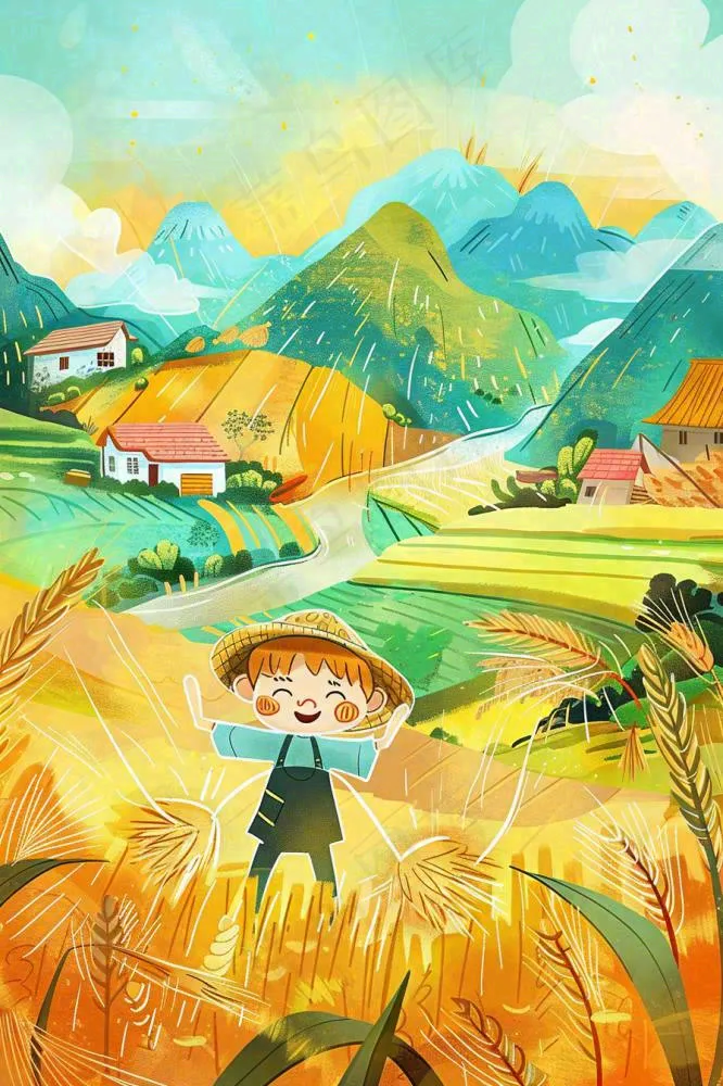 秋天农田丰收山村村庄稻草人水稻小麦立秋秋分芒种卡通插画背景(896x1344)