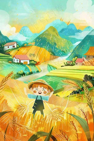 秋天农田丰收山村村庄稻草人水稻小麦立秋秋分芒种卡通插画背景