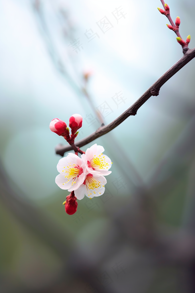 白梅花春天树枝抽新芽蓝天摄影图