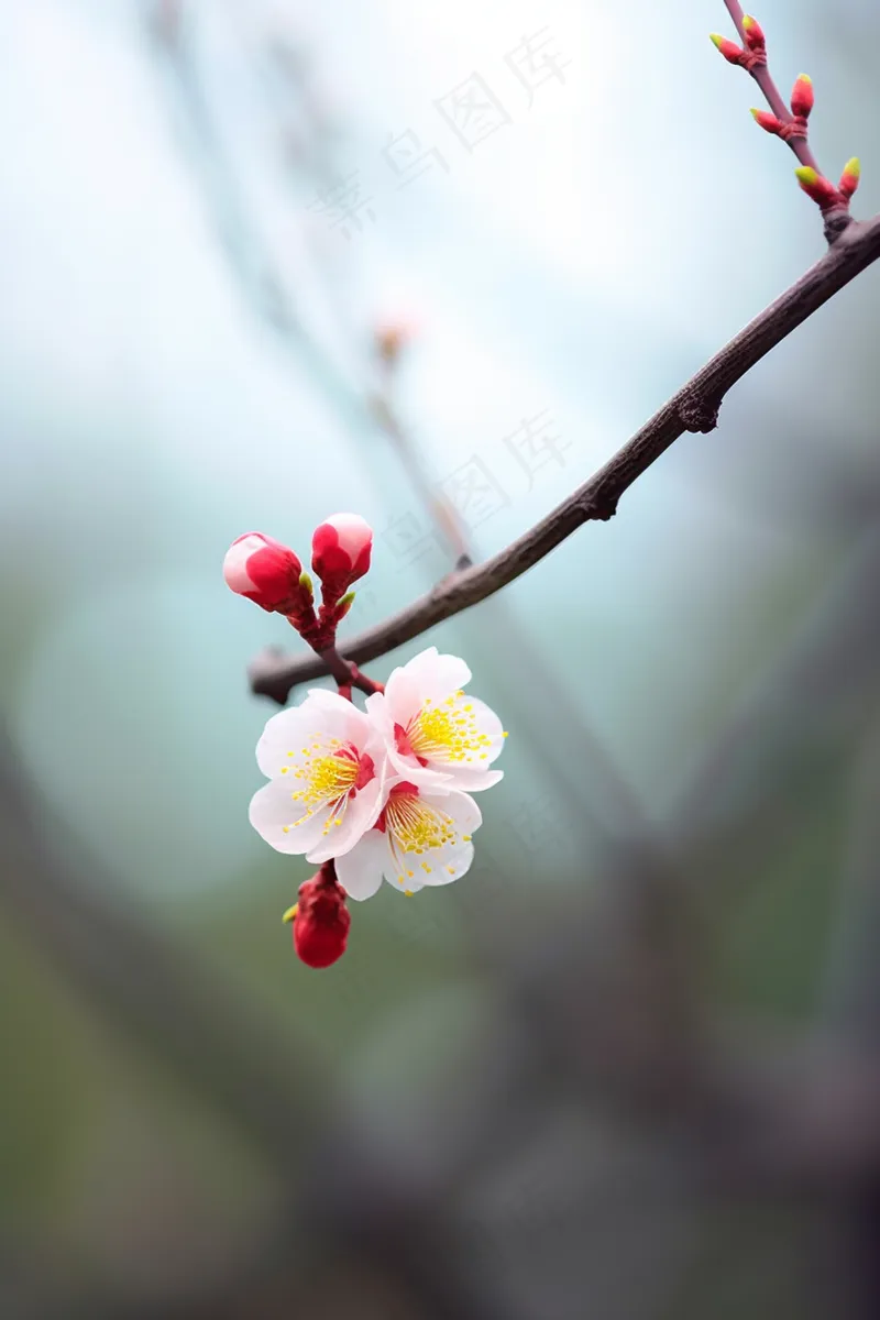 白梅花春天树枝抽新芽蓝天摄影图(2688x4032)