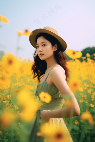 雏菊黄色花田的美女人像摄影摄影图