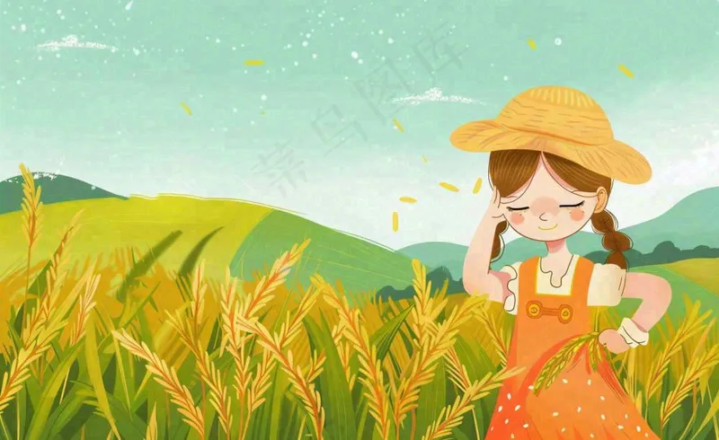 秋收秋天女孩在麦田麦穗芒种立秋秋分卡通插画背景(1408x864)