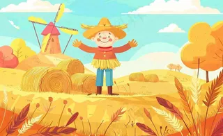 金秋稻田麦田稻草人秋风瑟瑟落叶立秋秋分处暑卡通插画背景
