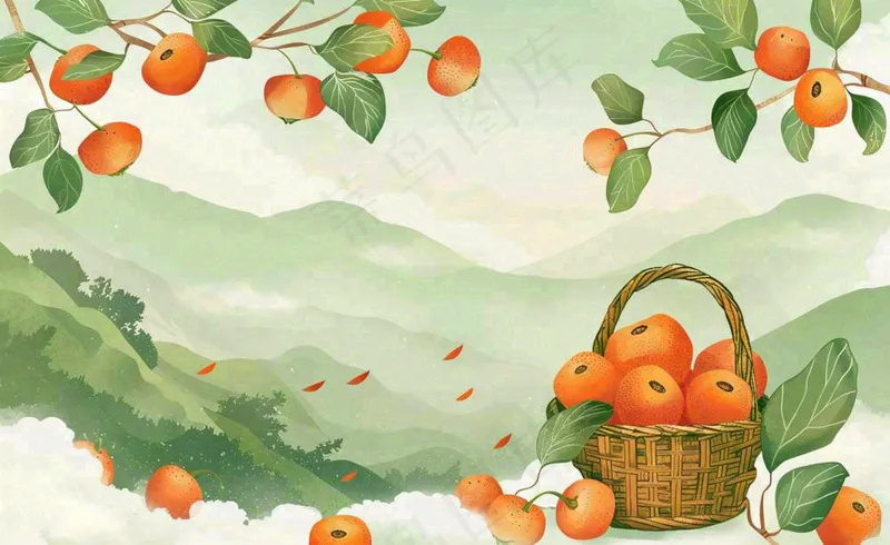 秋天丰收季果树成熟果篮橘子黄杏处暑立秋秋分卡通插画背景(1408x864)