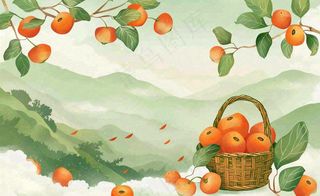 秋天丰收季果树成熟果篮橘子黄杏处暑立秋秋分卡通插画背景