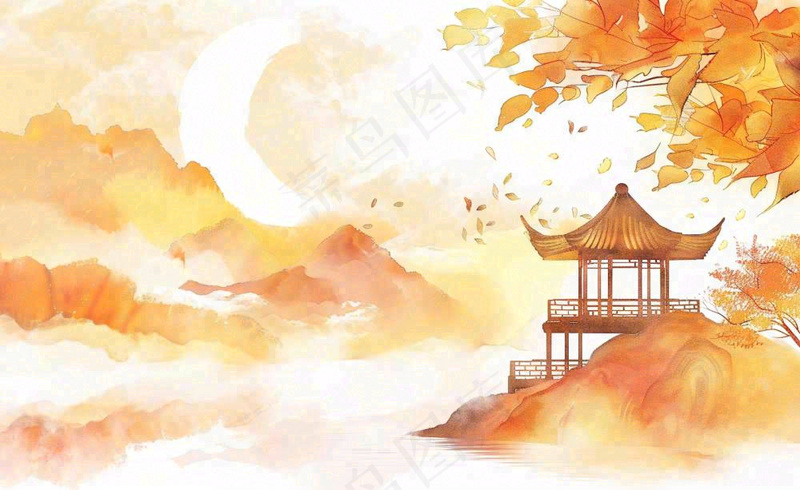 唯美古风建筑枫叶亭子秋天植物山水风景立秋处暑秋分中国风水彩手绘背景(1408x864)