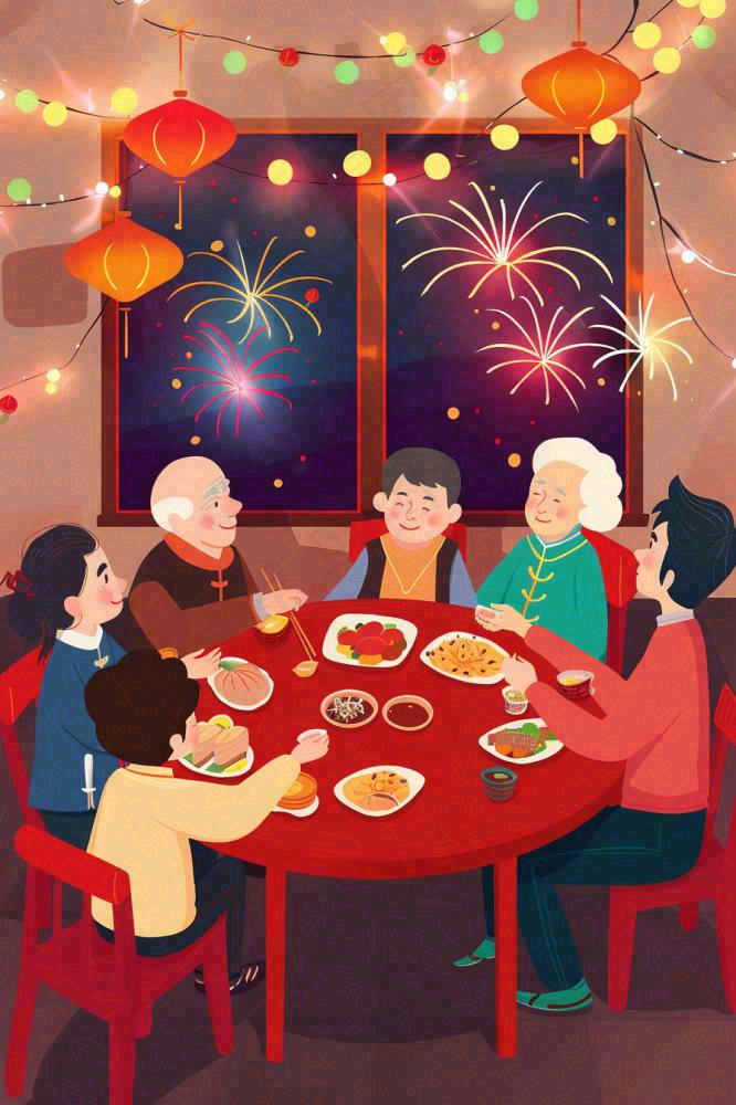 新年除夕夜团圆饭节日喜庆过年团聚一家人春节插画背景(896x1344)