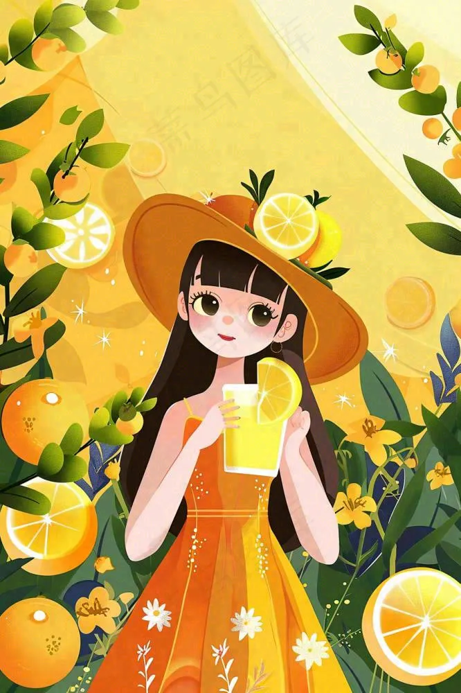 夏天喝橙汁的女孩橘黄色度假风鲜花花丛清凉解暑立夏大暑小暑夏至卡通插画背景(896x1344)